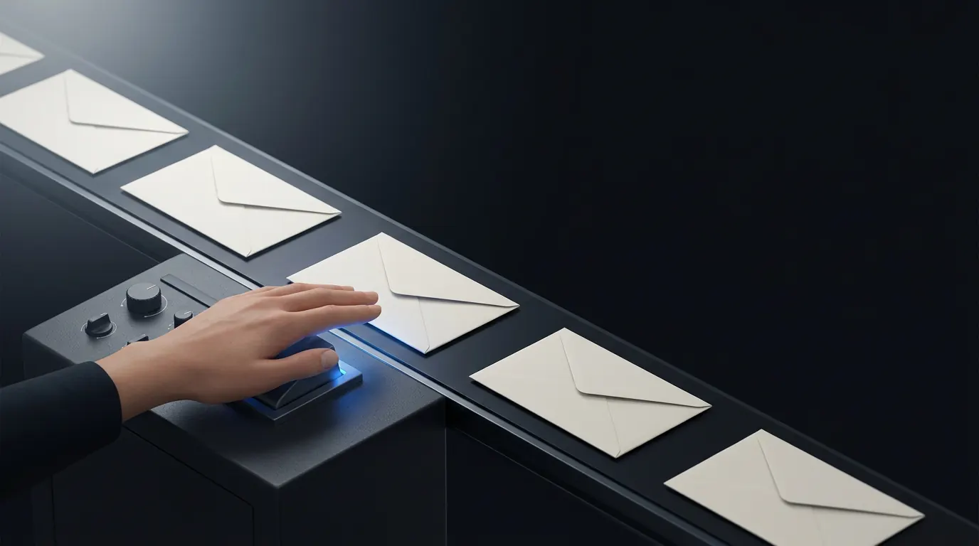 A hand resting on an illuminated approval switch beside a conveyor of envelopes; only envelopes past the switch move on.