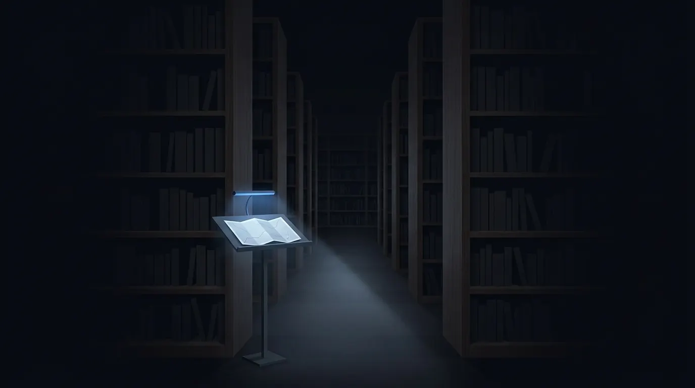 A dark library hall with a single folded map on a lectern at the entrance, lit by a small blue lamp.