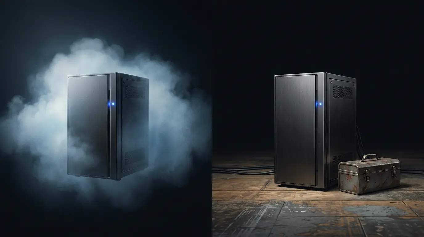 Dvě stejné serverové skříně: jednu obklopuje měkký oblak světla, druhá stojí na ošoupané podlaze dílny vedle bedny s nářadím.