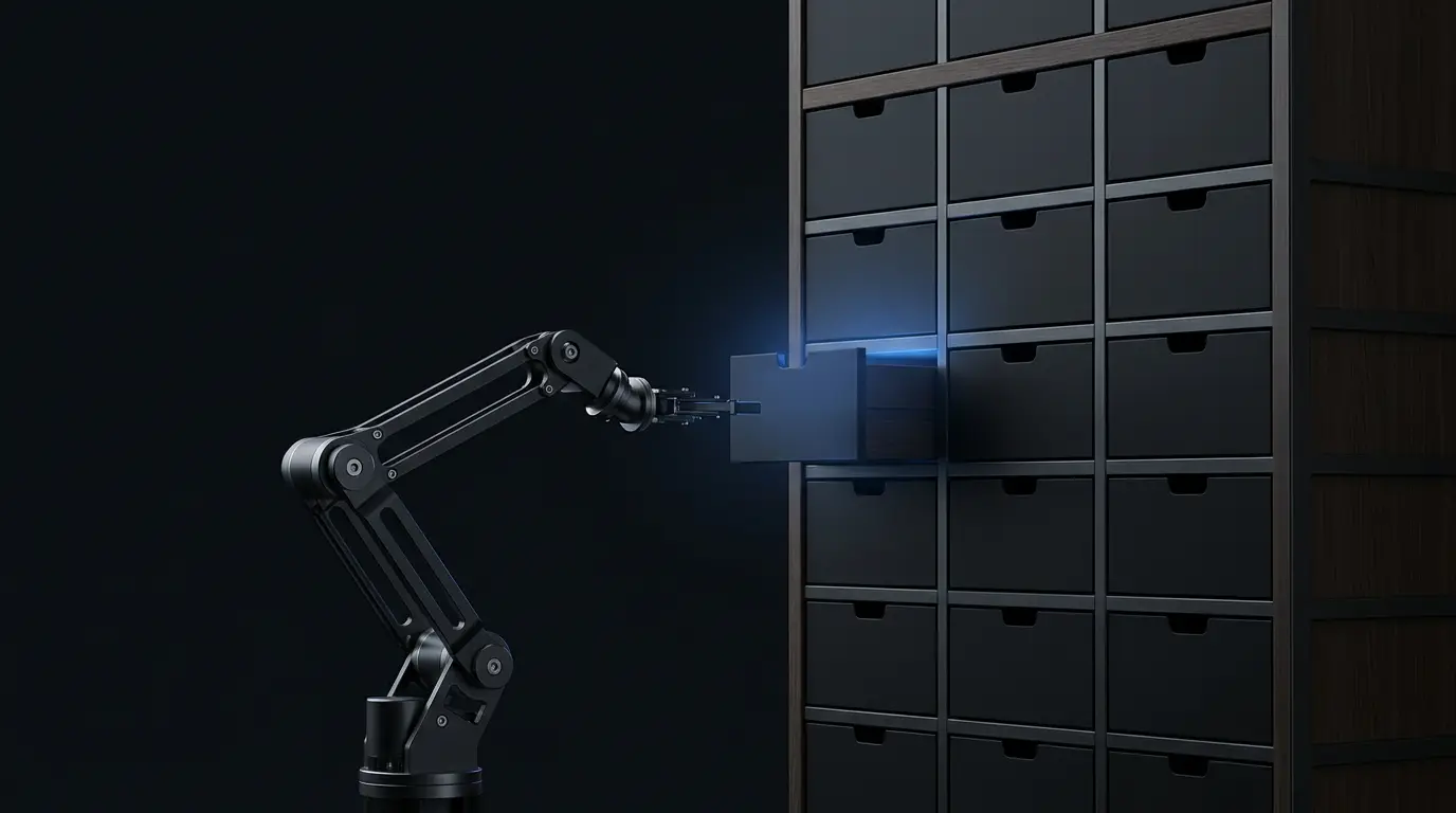 A small black robot arm on a workbench reaching into one of many identical unlabelled drawers; the open drawer glows blue.